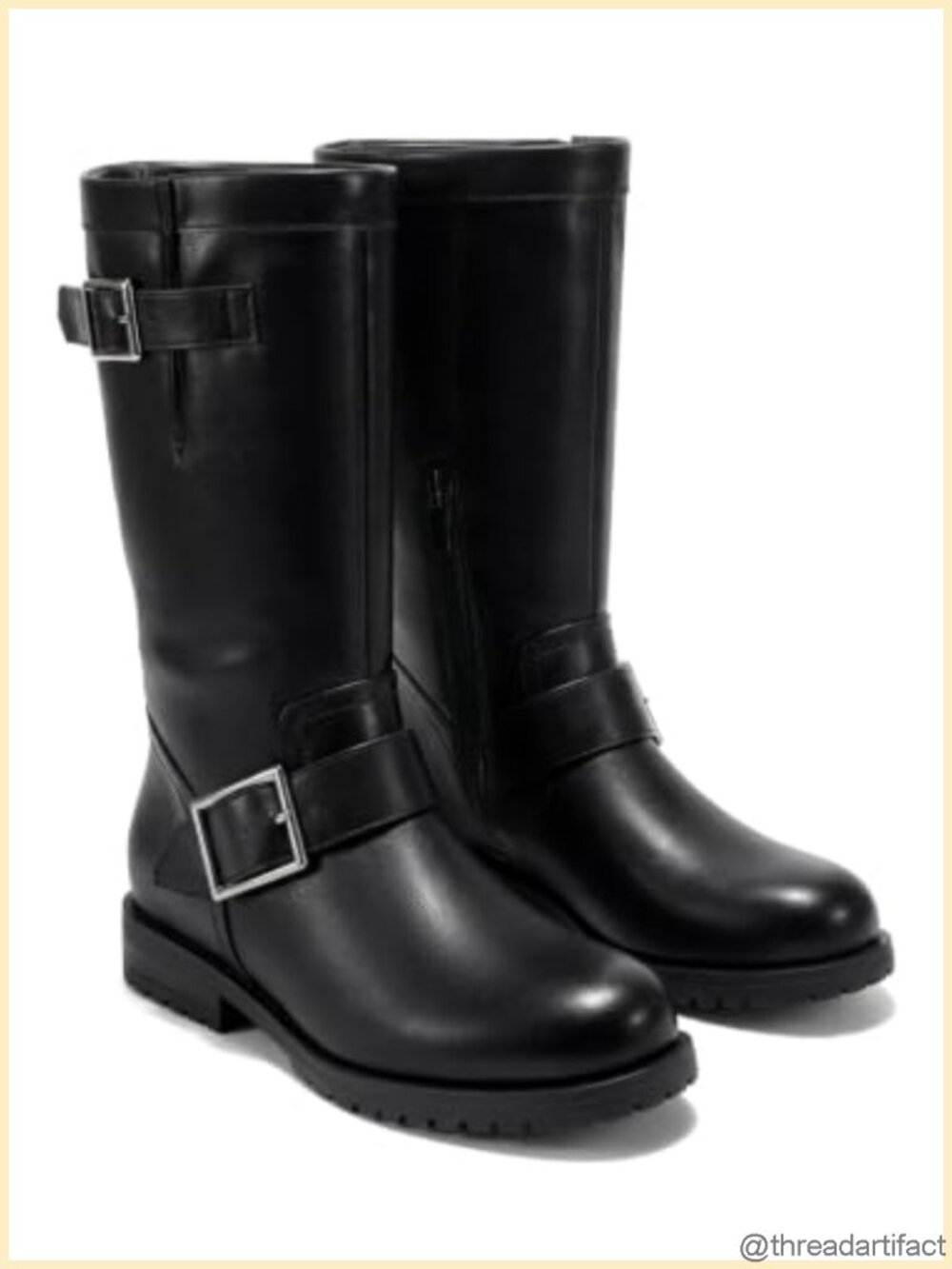 Coutgo Womens Mid Calf Combat Boots Faux Leather Low Heel Zipper Moto Biker